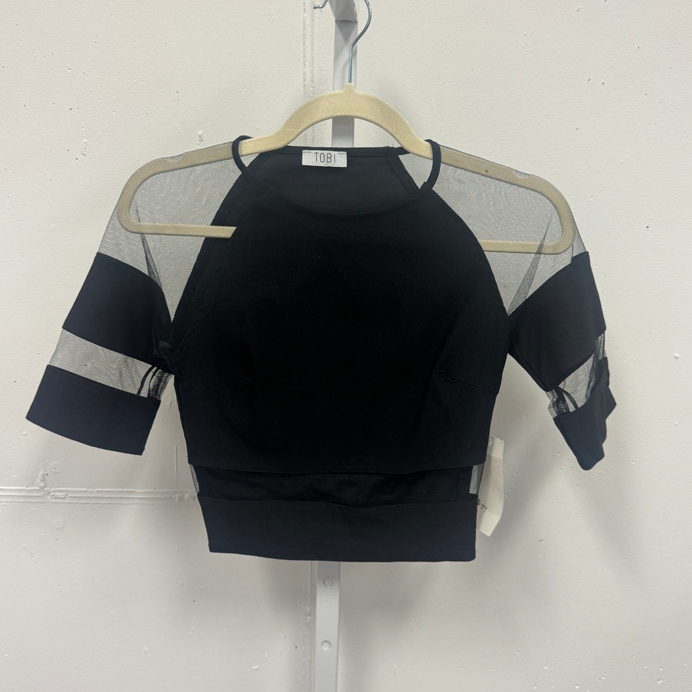 NWT Tobi Black Mesh Panel Crop Top Sheer Sleeve FFTP01 Small Night Out Festival